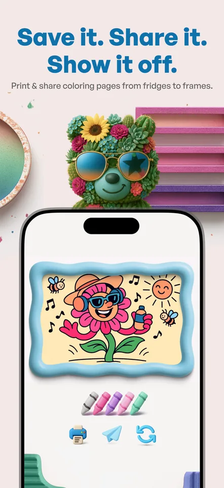 ColorCub app printing and sharing a finished flower coloring page from an iPhone