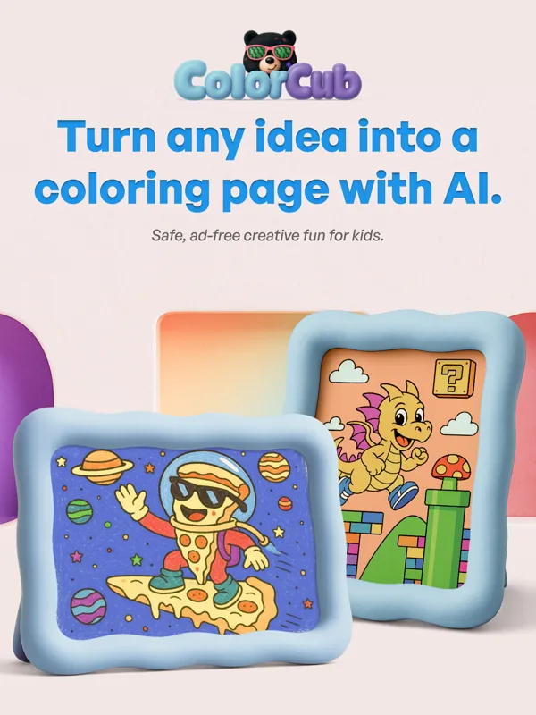 ColorCub turning ideas into coloring pages with AI — pizza astronaut and dragon line-art pages