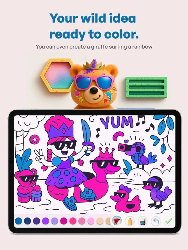 Coloring a generated page on iPad with ColorCub's palette, fill, and undo tools