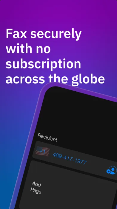Fax It compose screen with a recipient fax number entered and an Add Page button — fax securely with no subscription