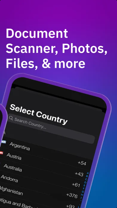 Country picker listing international dialing codes for faxing to 50+ countries, above the document scanner and file import options