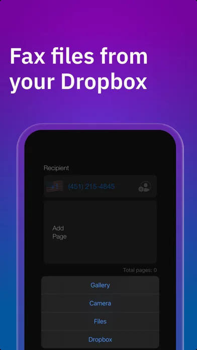 Import source menu for adding fax pages from Gallery, Camera, Files, or Dropbox