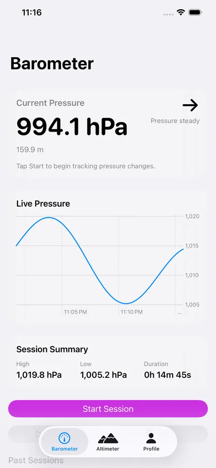HowHigh barometer tab with current air pressure, pressure trend, and a live pressure chart