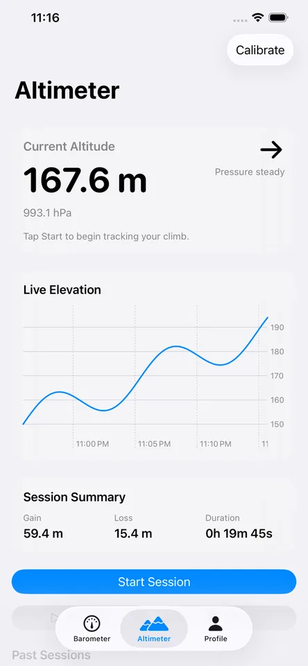 HowHigh altimeter tab showing current altitude, a live elevation chart, and a session summary of gain, loss, and duration
