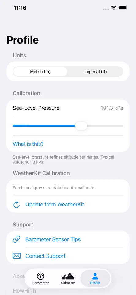 HowHigh settings with metric or imperial units, sea-level pressure calibration, and WeatherKit auto-calibration