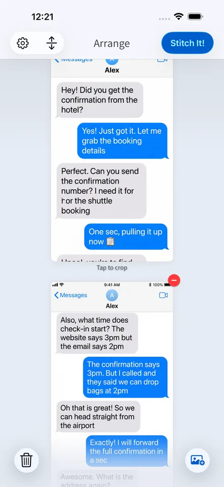Arranging two chat screenshots vertically in Stitch It before combining them