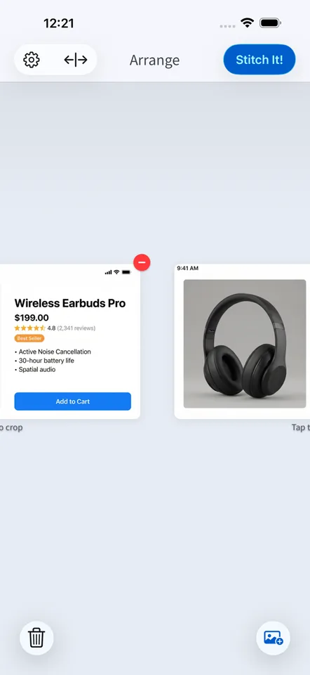 Horizontal stitching in Stitch It placing two product screenshots side by side