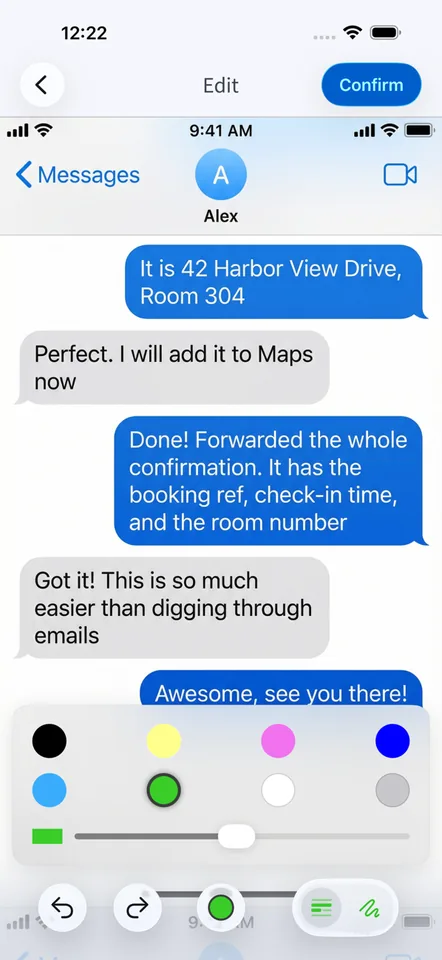 Redacting private details in a text conversation with Stitch It's markup tools